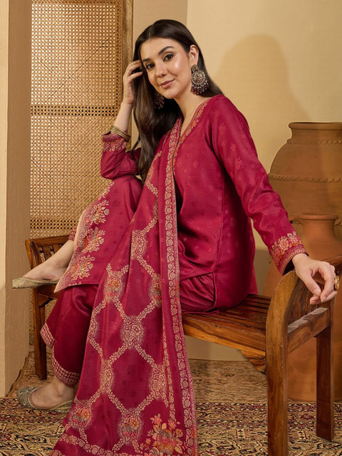Sangria Ethnic Motifs Woven Design Winter Pashmina Unstitched Dress Material - Image 7