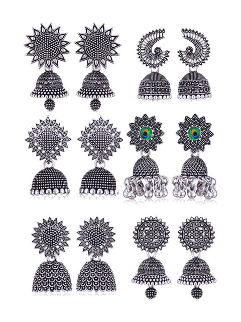 DIVASTRI Set Of 6 Silver-Plated Ghungroo Beaded Dome Shaped Oxidised Jhumkas