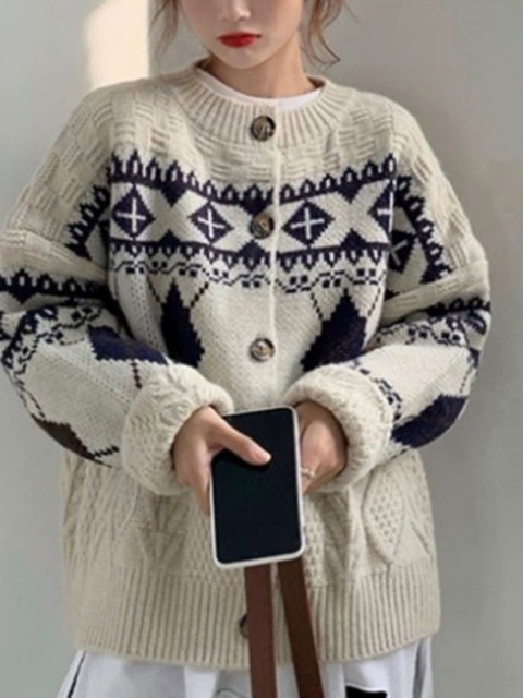 StyleCast Women Geometric Printed Round Neck Long Sleeves Cardigan