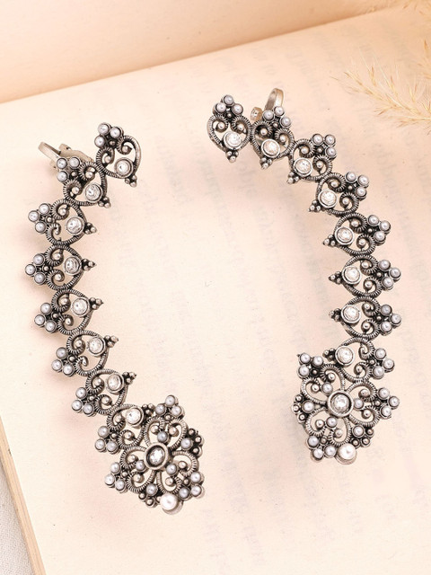 KARATCART Silver-Plated Floral Shaped Oxidised Stones Studded Ear Cuffs