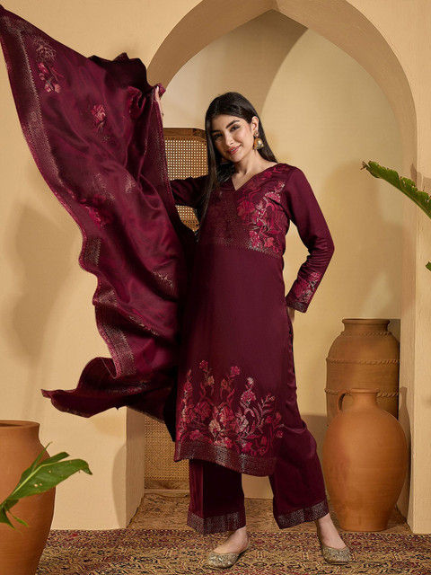 Sangria Ethnic Motifs Woven Design Winter Pashmina Unstitched Dress Material - Image 6