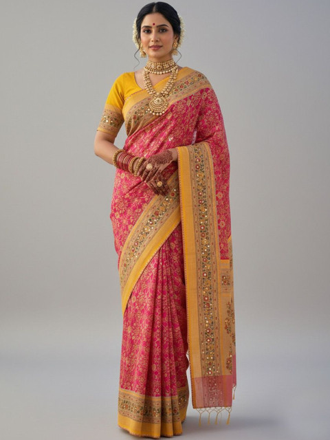 ROFOLO Floral Mirror Work Pashmina Patola Saree