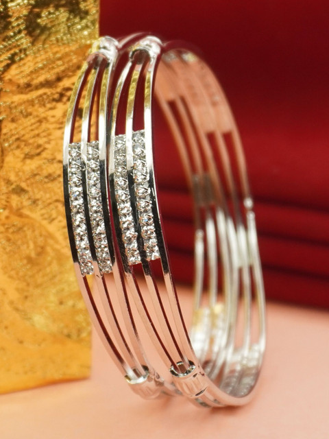Panini jewels Set Of 2 Silver-Plated Crystal Studded Slim Bangles - Image 2
