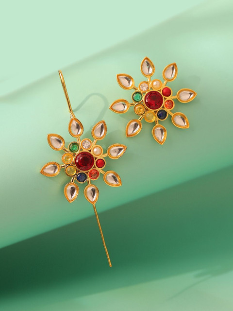 Voylla Navratna Celestial Gold-Plated Kundan Studded Floral Ear Cuff Mismatch Earrings