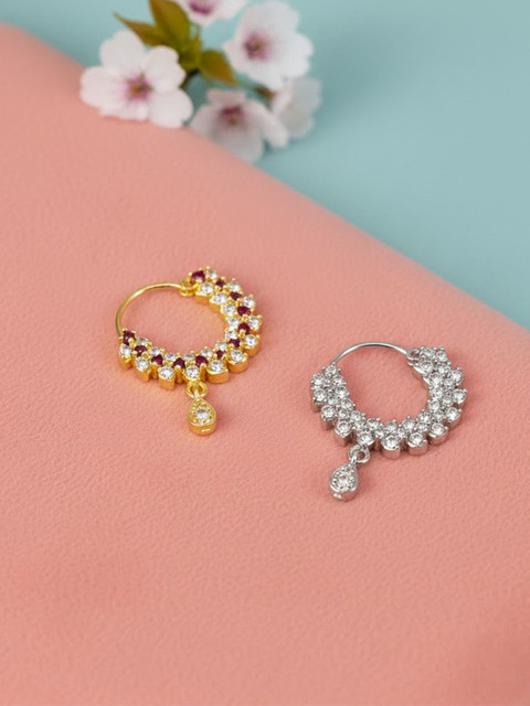 PRIVIU Set Of 2 Gold-Plated American Diamond Studded Ring Nosepins