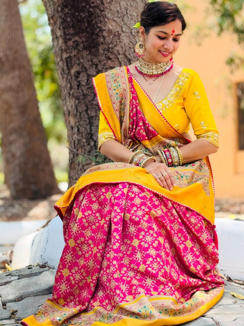 ROFOLO Ethnic Motifs Embroidered Pashmina Patola Saree with Unstitched Blouse - Image 3