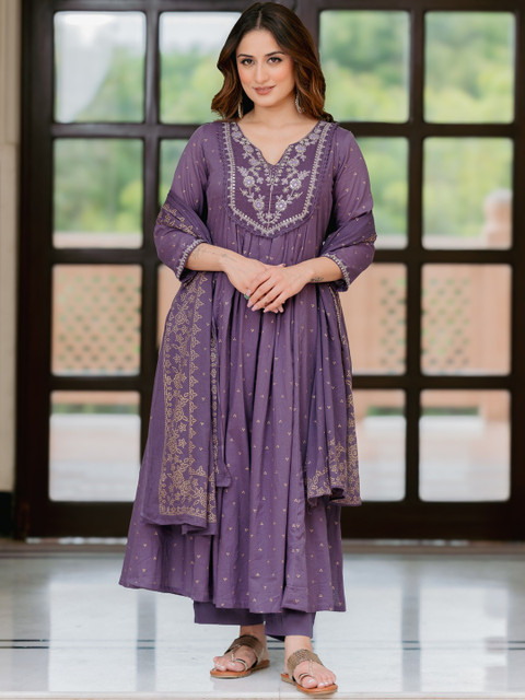 Arayna Floral Printed Notch Neck Pure Cotton Anarkali Kurta With Trousers & Dupatta