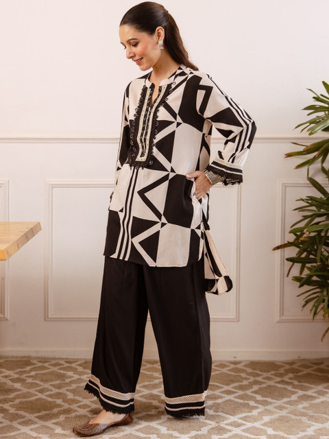 Sangria Geometric Printed Mandarin Collar Three-Quarter Sleeve Tunic & Palazzos - Image 6