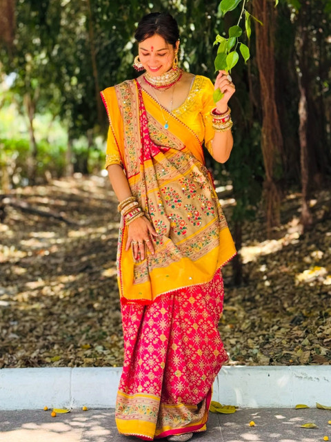 ROFOLO Ethnic Motifs Embroidered Pashmina Patola Saree with Unstitched Blouse