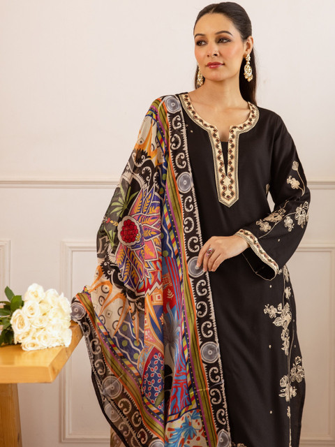Sangria Embroidered Straight Kurta With Palazzos & Dupatta