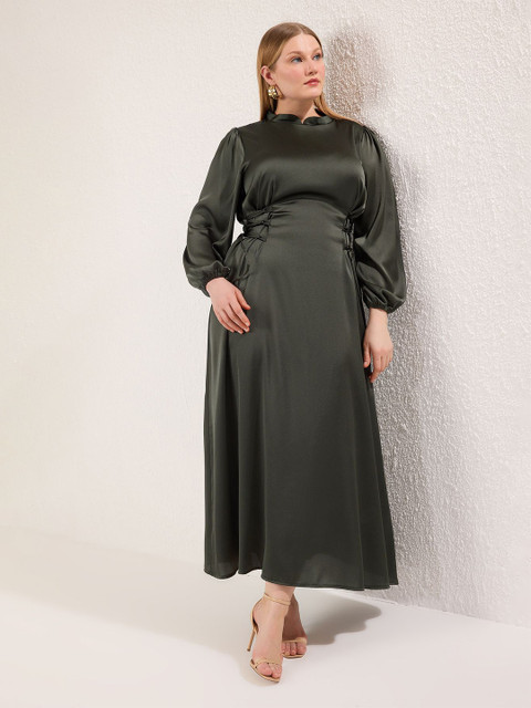 Trendyol Plus Size High Neck Puff Sleeve Sheen Draped Fit & Flare Midi Dress