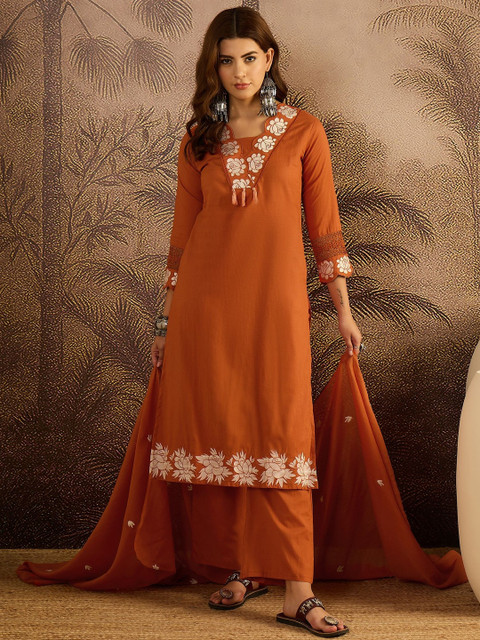 Sangria Embroidered Cotton Kurta with Trousers & Dupatta Set