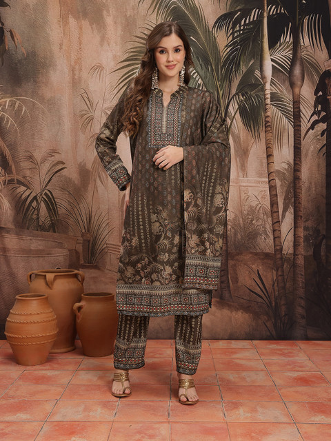 Sangria Printed Studded Wool Kurta with Trousers & Dupatta