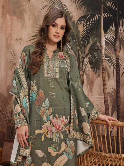 Sangria Printed Studded Wool Kurta with Trousers & Dupatta