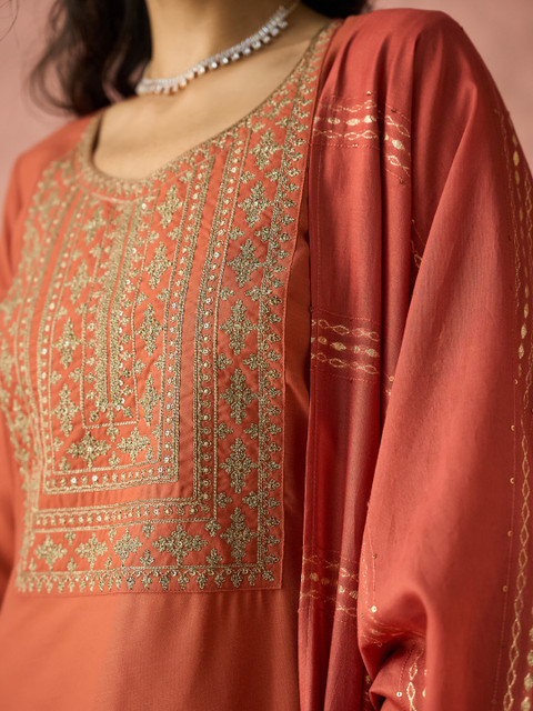 KALINI Ethnic Motifs Yoke Design Sequinned Kurta with Trousers & Dupatta - Image 3