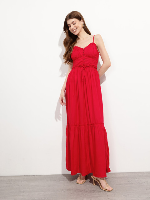 glitchez Shoulder Straps Smocked Gathered and Pleated Empire Maxi Dress