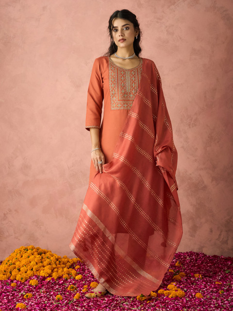 KALINI Ethnic Motifs Yoke Design Sequinned Kurta with Trousers & Dupatta - Image 2