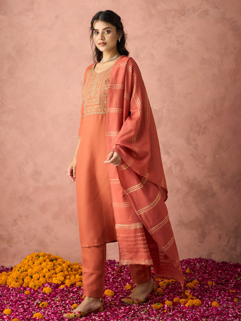 KALINI Ethnic Motifs Yoke Design Sequinned Kurta with Trousers & Dupatta - Image 5