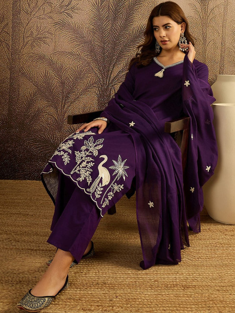 Sangria Thread Work Embroidered Kurta with Trousers & Dupatta