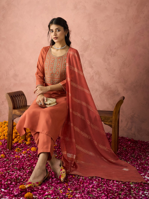 KALINI Ethnic Motifs Yoke Design Sequinned Kurta with Trousers & Dupatta