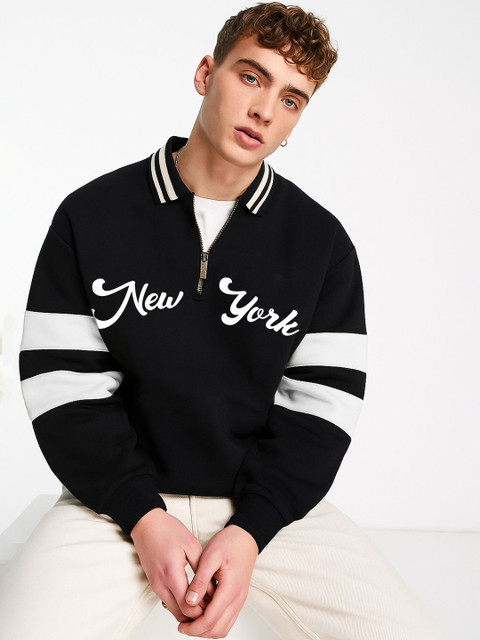 JUMPCUTS Typography Printed Polo Collar Oversized T-shirt