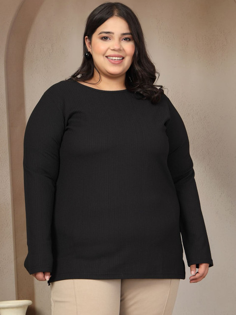 plusS Self Design Round Neck Long Sleeves Cotton T-shirt