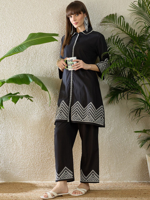 Indo Era Embroidered Shirt Collar Three-Quarter Sleeves Pure Cotton Tunic And Trousers