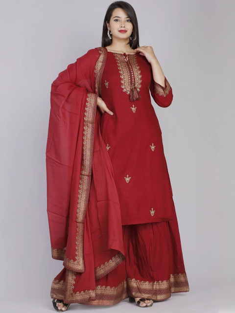shoecom Womens Maroon Embroidered Kurta Set