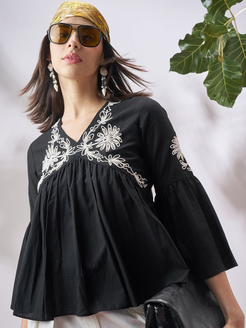 Vara By Vishudh Embroidered Bell Sleeve Bohemian Cotton Peplum Top