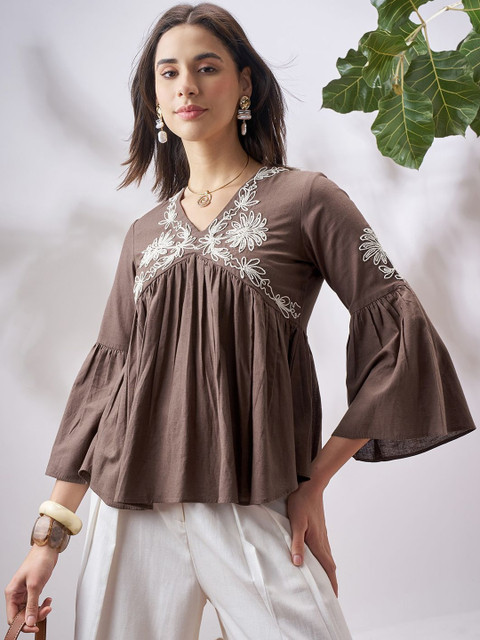 Vara By Vishudh Embroidered Bell Sleeve Bohemian Cotton Peplum Top
