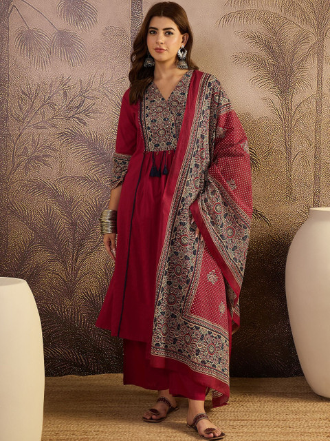 Sangria Ajrakh Printed Cotton A-Line Kurta & Trousers with Dupatta Set