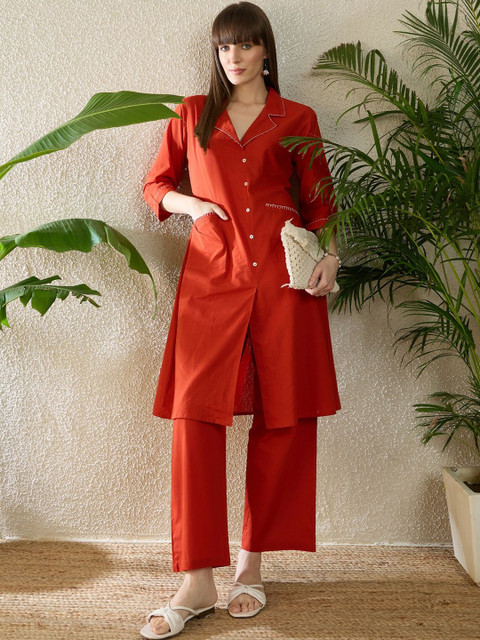 Indo Era Printed Shirt Collar Three-Quarter Sleeves Pure Cotton Top With Trousers