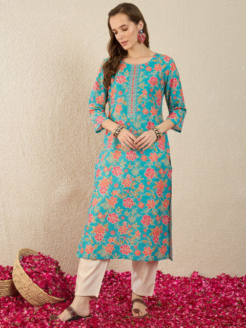 Indo Era Women Floral Printed Thread Work Floral Kurta
