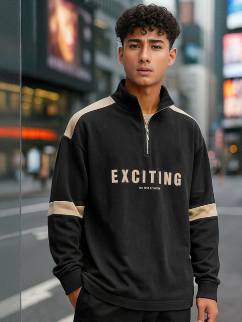 JUMPCUTS Men Typography Printed High Neck Drop-Shoulder Sleeves T-shirt