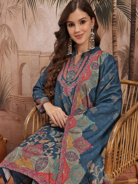 Sangria Studded Paisley Print Kurta With Trousers & Dupatta