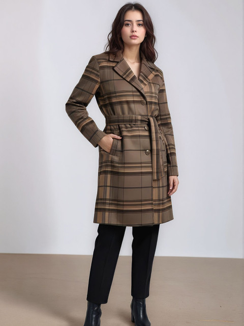 all about you Women Checked Single-Breasted Trench Coat With Belt