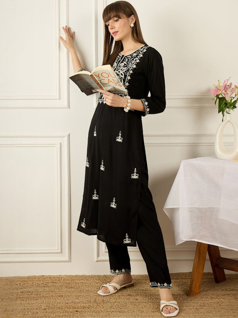 Indo Era Embroidered Round Neck Three-Quarter Sleeves Tunic And Trousers