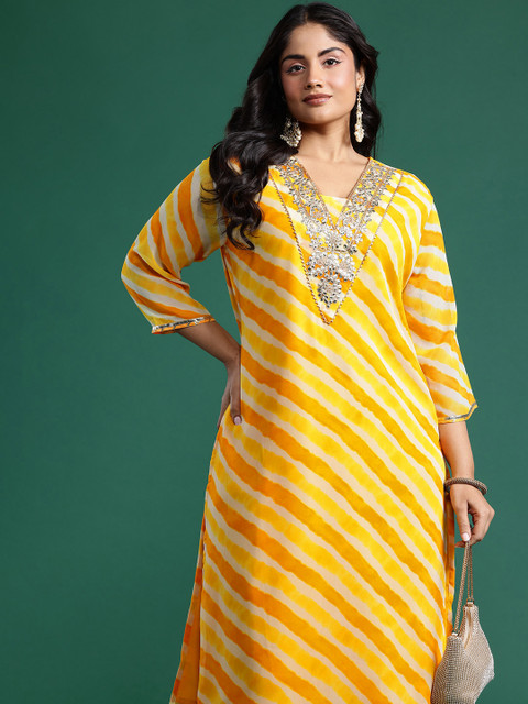 Indo Era Women Leheriya Embroidered Straight Kurta
