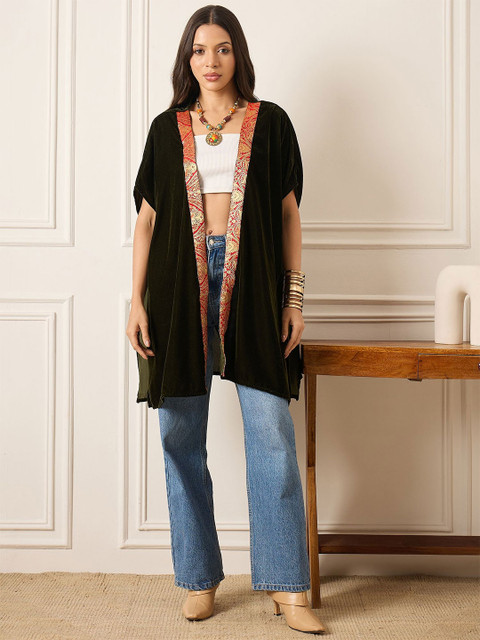 InWeave Longline V-Neck Three-Quarter Sleeves Velvet Shrug