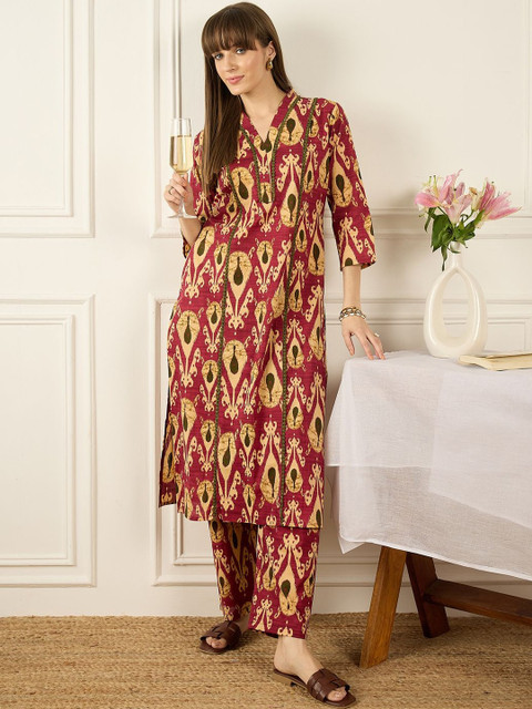 Indo Era Printed V-Neck Three-Quarter Sleeves Pure Cotton Top With Trousers