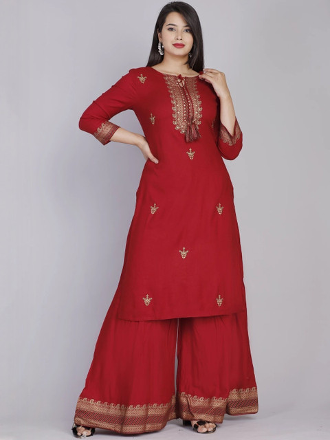 shoecom Womens Maroon Embroidered Kurta Set - Image 3