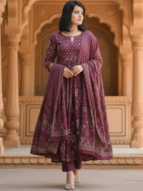 ARADHNA Ethnic Motifs Printed Empire Anarkali Kurta With Trousers & Dupatta