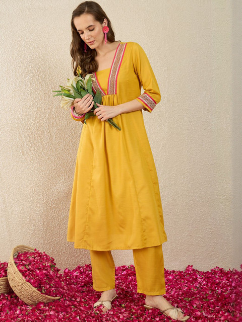 Indo Era Printed Square Neck Three-Quarter Sleeves Top With Trousers