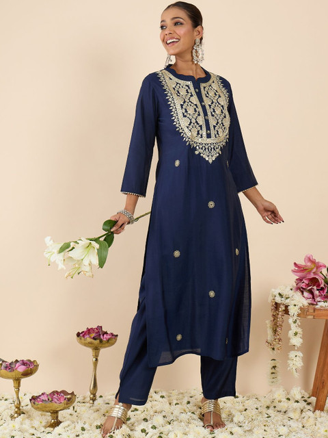 Indo Era Printed Mandarin Collar Three-Quarter Sleeves Top With Trousers