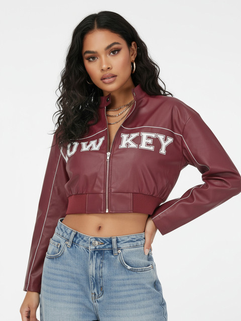 glitchez Typography Printed Faux Leather Trim Crop Jacket