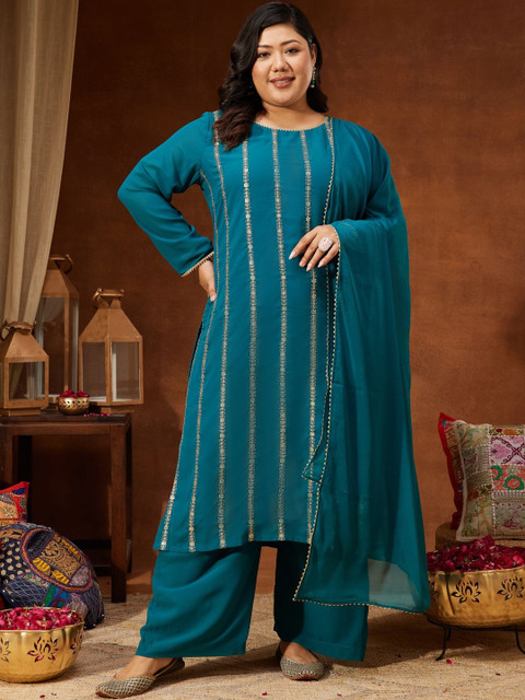 Janasya Women Floral Embroidered Regular Sequinned Kurta with Palazzos & With Dupatta