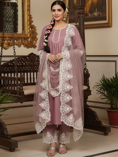 KALINI Ethnic Motifs Embroidered Thread Work Straight Kurta With Trousers & Dupatta