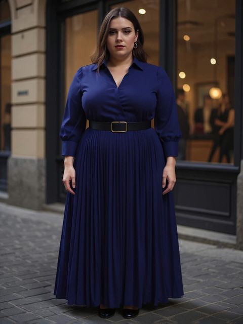 Sztori Women Shirt Collar Solid Fit & Flare Maxi Dress