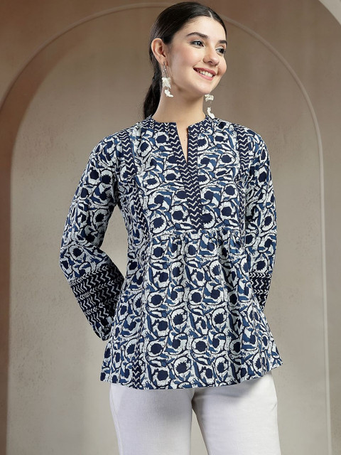 NAVYAAZRI Print Mandarin Collar Ethnic Cotton Top