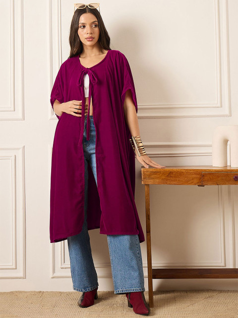InWeave Longline Tie-Up Three-Quarter Sleeves Velvet Shrug
